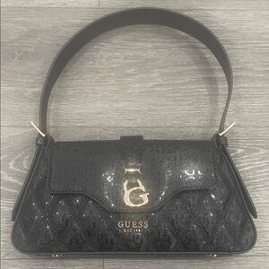 GUESS Shiny Black Shoulder Bag with Gold Accents